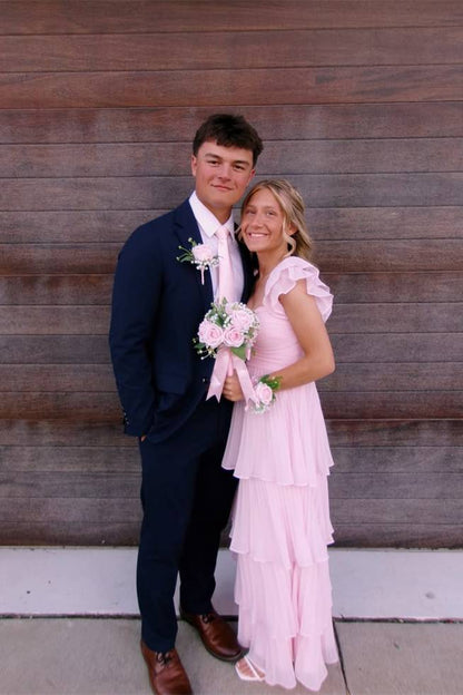 Ruffle Straps Pink Pleated Layered Long Prom Dress Wedding Guest Dress  P2480