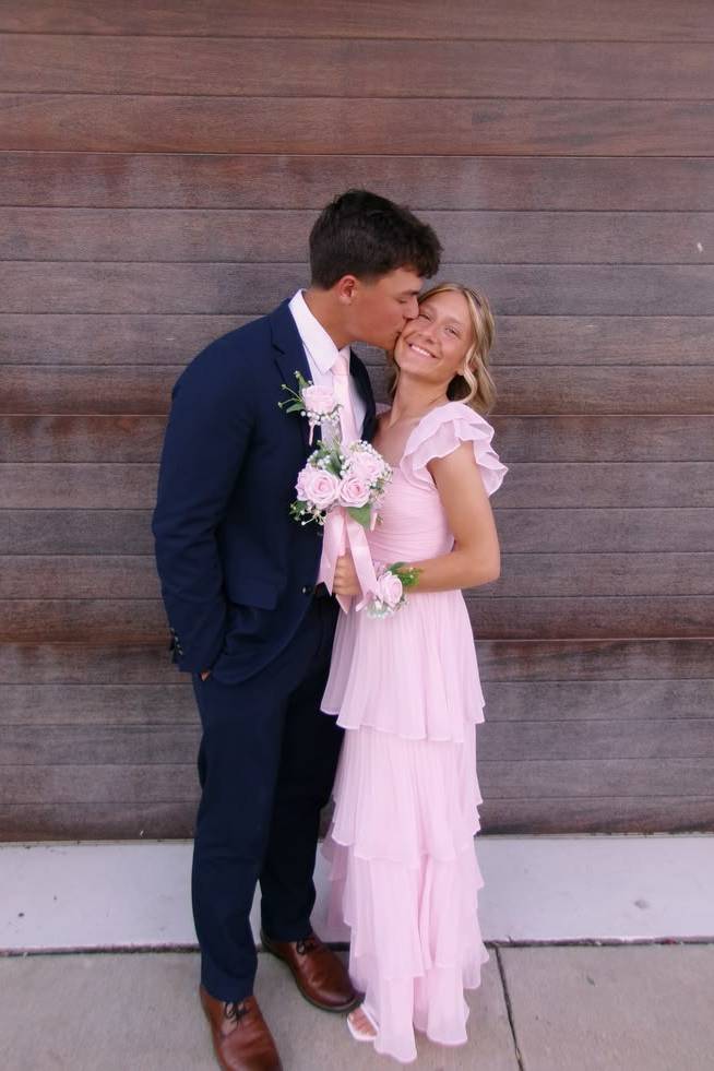 Ruffle Straps Pink Pleated Layered Long Prom Dress Wedding Guest Dress  P2480