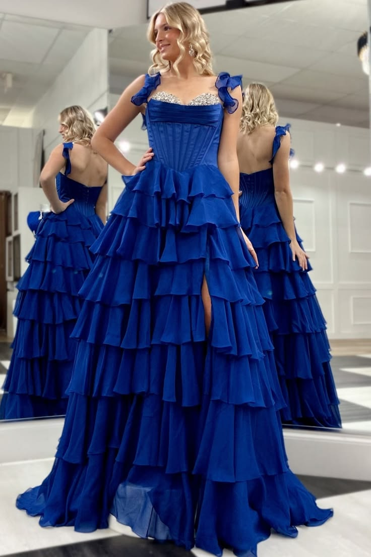 Ruffled A Line Chiffon Royal Blue Prom Dresses Tiered Corset Beaded Formal Dress  P912