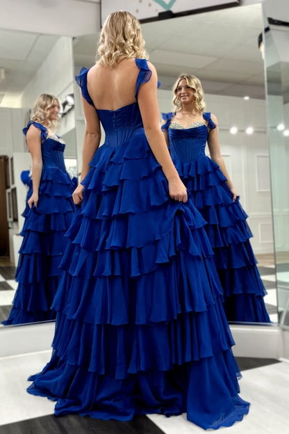 Ruffled A Line Chiffon Royal Blue Prom Dresses Tiered Corset Beaded Formal Dress  P912