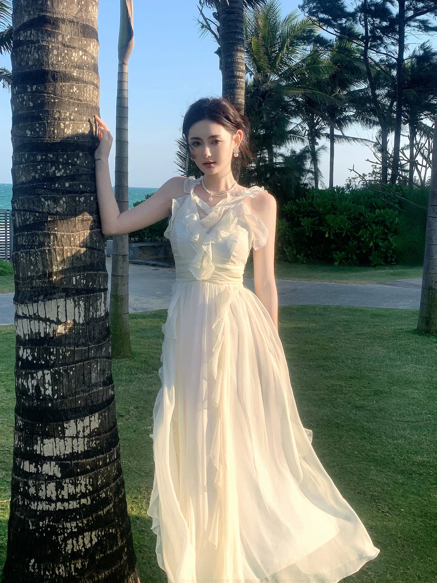 Ruffled A Line Chiffon Wedding Dress Summer Beach Dress  P1392