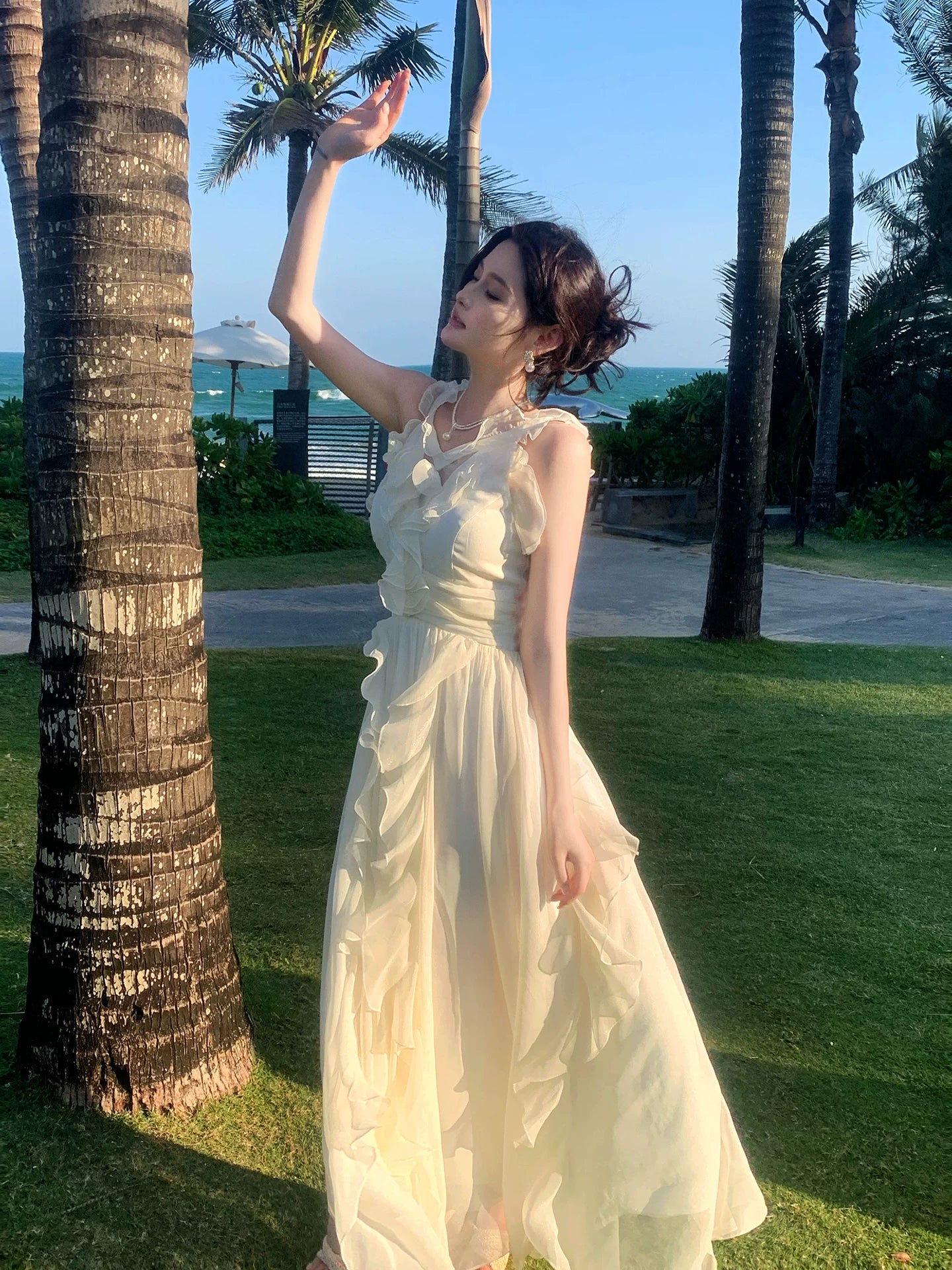 Ruffled A Line Chiffon Wedding Dress Summer Beach Dress  P1392