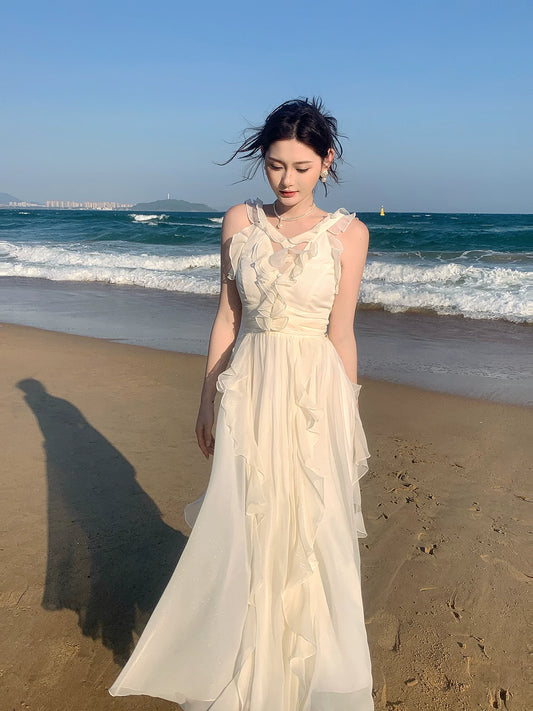Ruffled A Line Chiffon Wedding Dress Summer Beach Dress  P1392