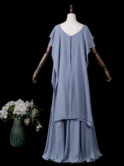 Ruffled Blue Chiffon Evening Gown A Line Wedding Guest Dress  P2717