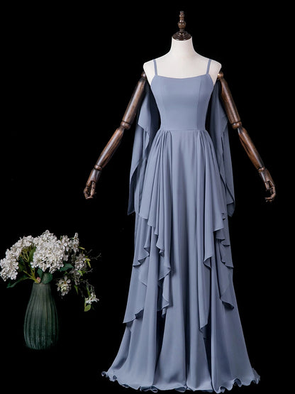 Ruffled Blue Chiffon Evening Gown A Line Wedding Guest Dress  P2717