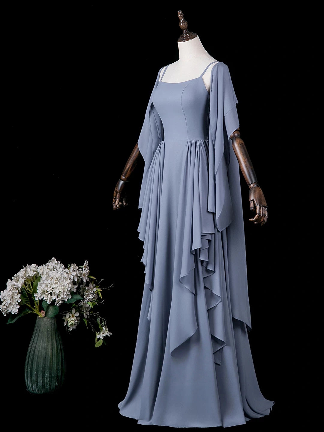 Ruffled Blue Chiffon Evening Gown A Line Wedding Guest Dress  P2717
