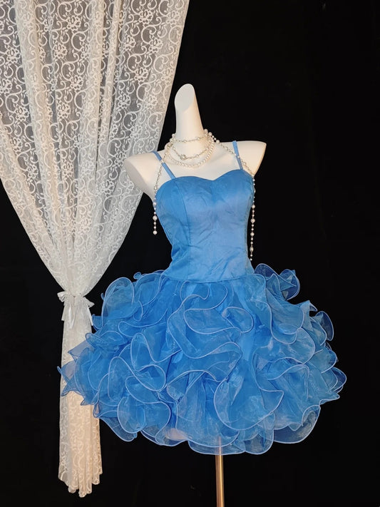 Ruffled Blue Homecoming Dress A Line Birthday Dress  P2614
