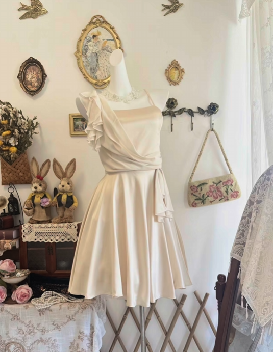 Ruffled Champagne Retro Homecoming Dress Short Party Dress  P2119