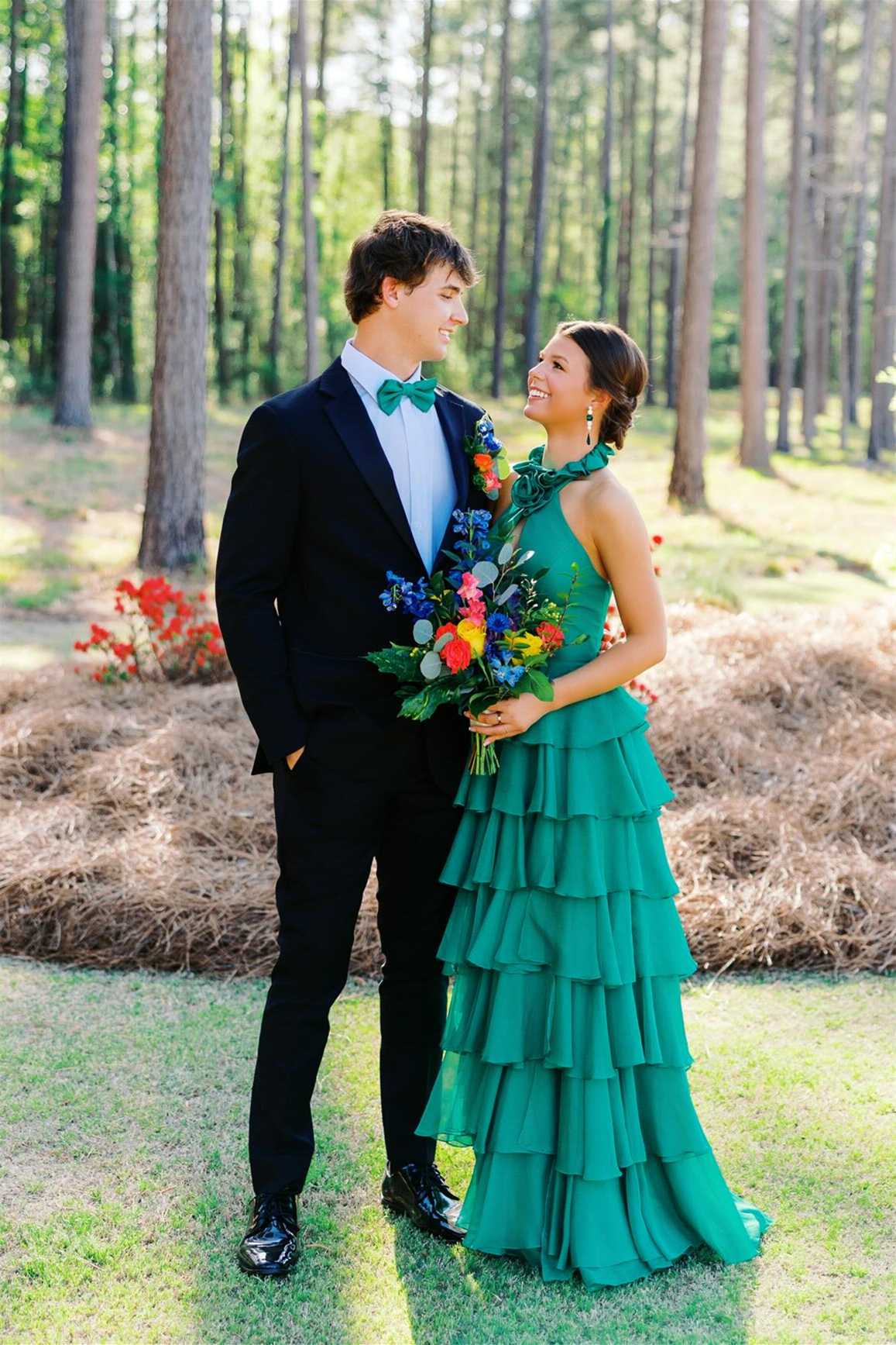 Ruffled Halter Emerald Green Tiered Long Prom Dress  P2543