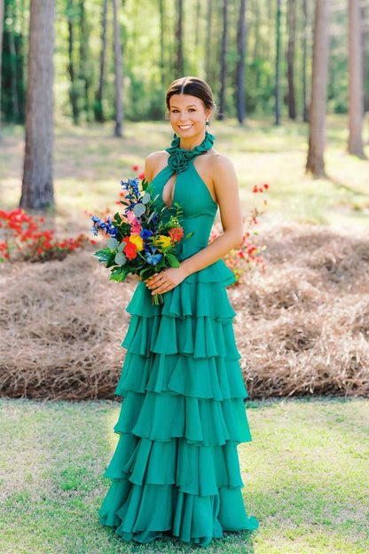 Ruffled Halter Emerald Green Tiered Long Prom Dress  P2543