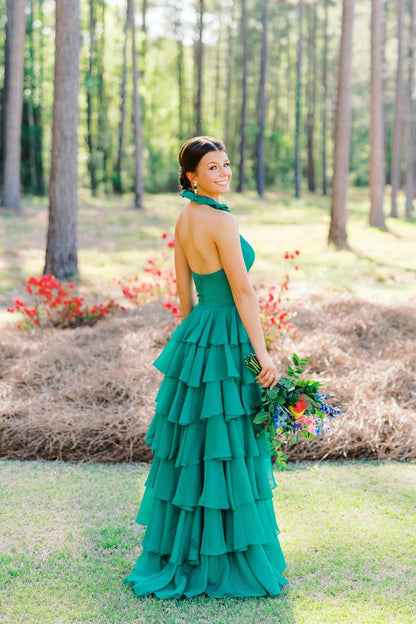 Ruffled Halter Emerald Green Tiered Long Prom Dress  P2543