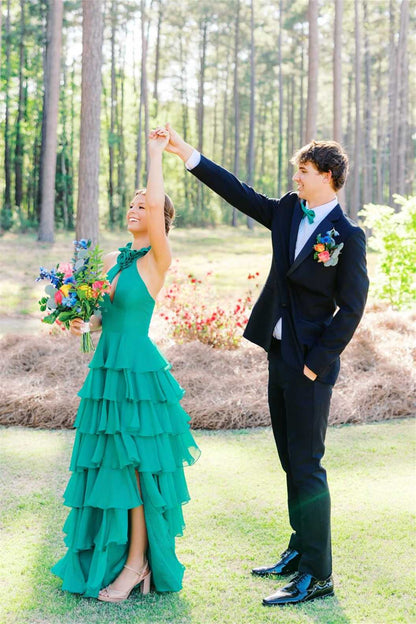 Ruffled Halter Emerald Green Tiered Long Prom Dress  P2543