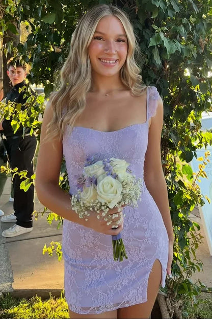 Ruffled Lilac Lace Sheath Homecoming Dress Mini Birthday Dress  P2377