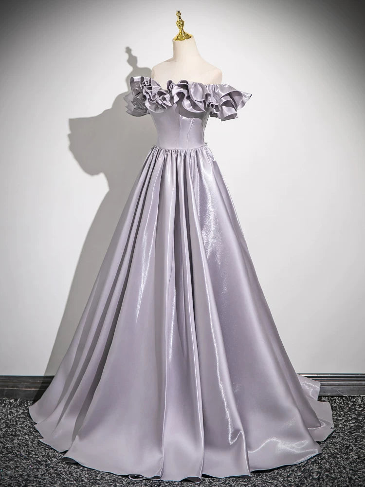 Ruffled Off The Shoulder A Line Lilac Prom Dress Formal Evening Gown  P1272