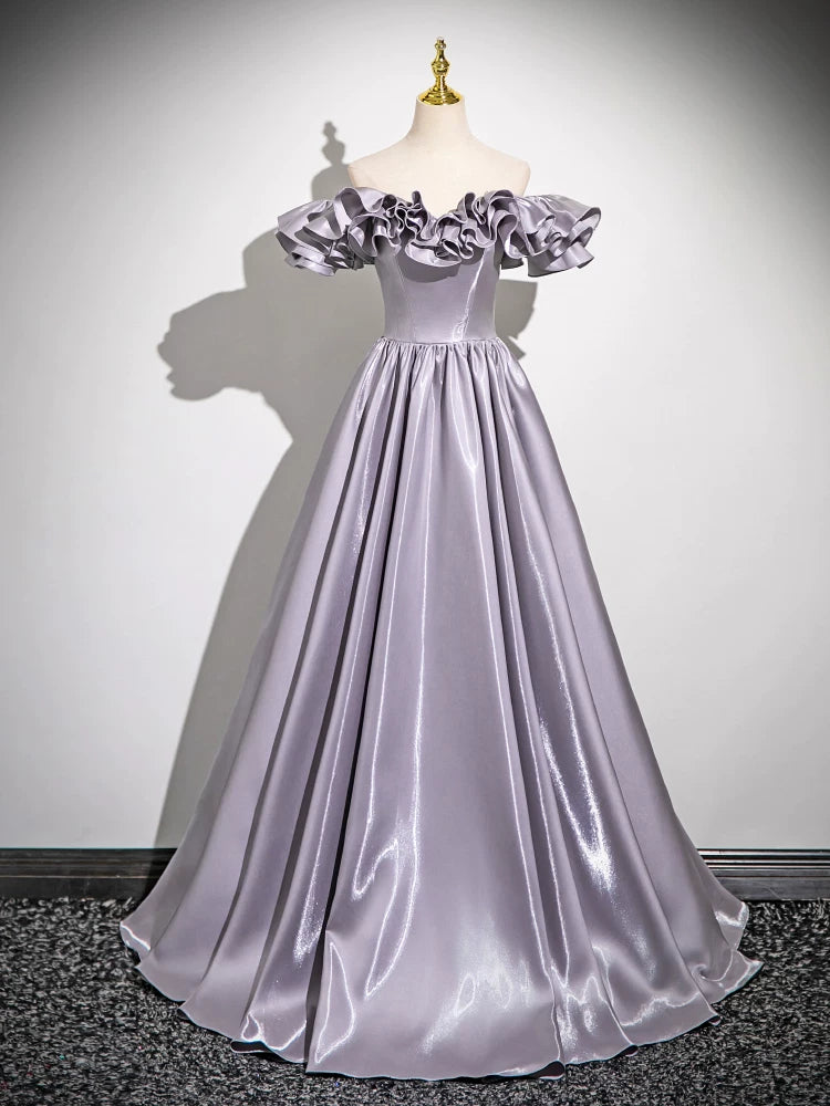 Ruffled Off The Shoulder A Line Lilac Prom Dress Formal Evening Gown  P1272