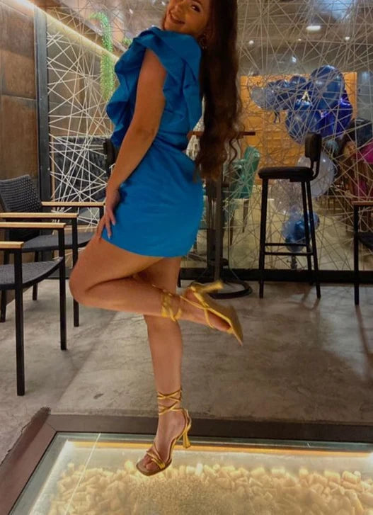 Ruffled One Shoulder Blue Homecoming Dress Birthday Outfit   P2101