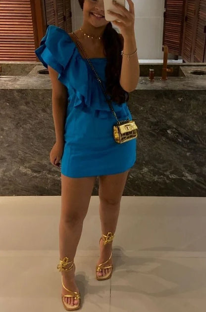 Ruffled One Shoulder Blue Homecoming Dress Birthday Outfit   P2101