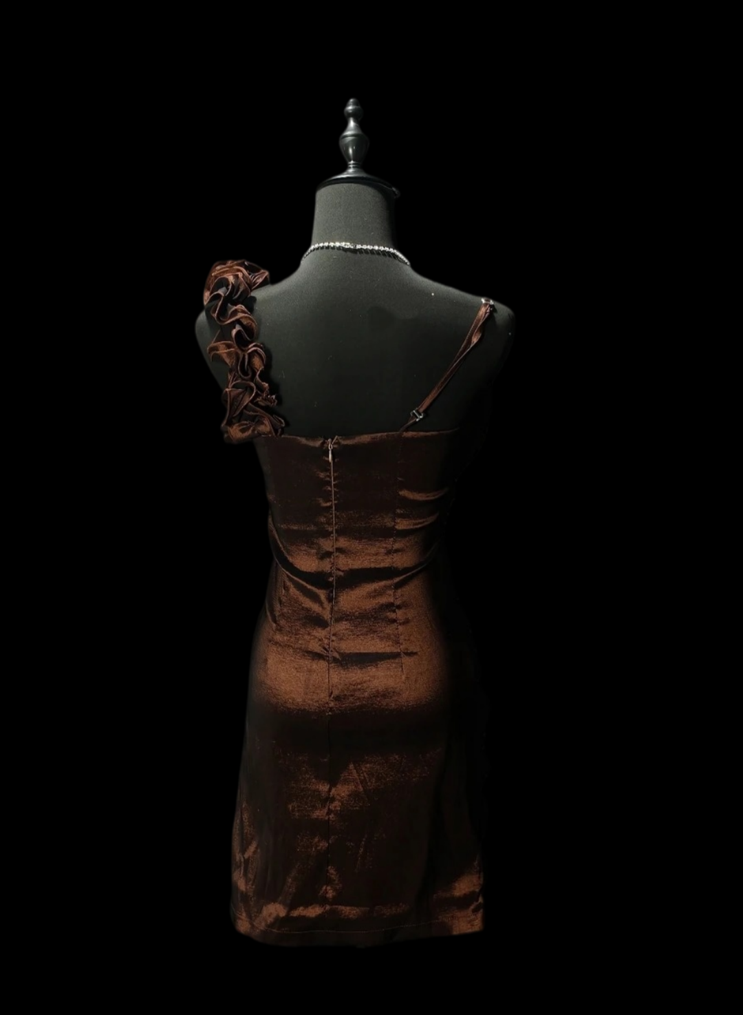 Ruffled One Shoulder Brown Satin Sheath Homecoming Dress  P2426