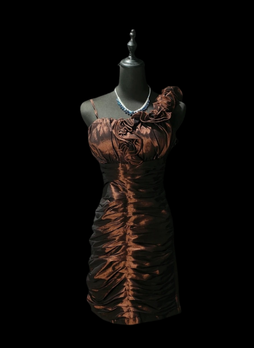 Ruffled One Shoulder Brown Satin Sheath Homecoming Dress  P2426