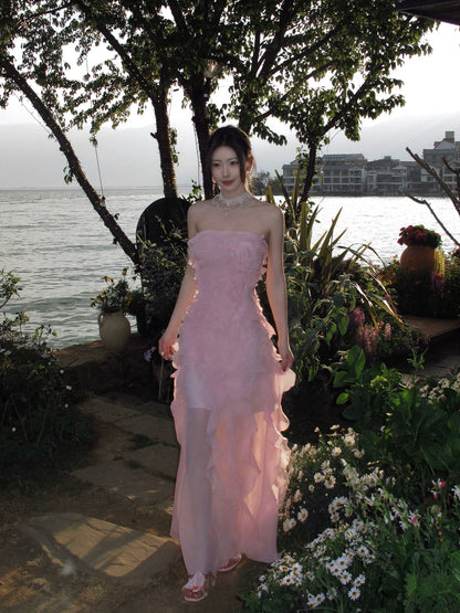 Ruffled Pink A Line Prom Dress Chiffon Wedding Guest Dress  P1277