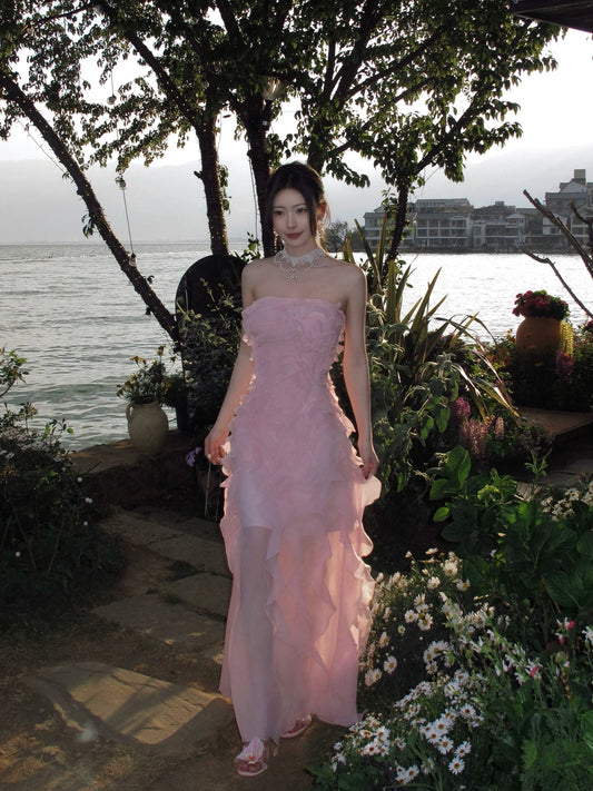 Ruffled Pink A Line Prom Dress Chiffon Wedding Guest Dress  P1277