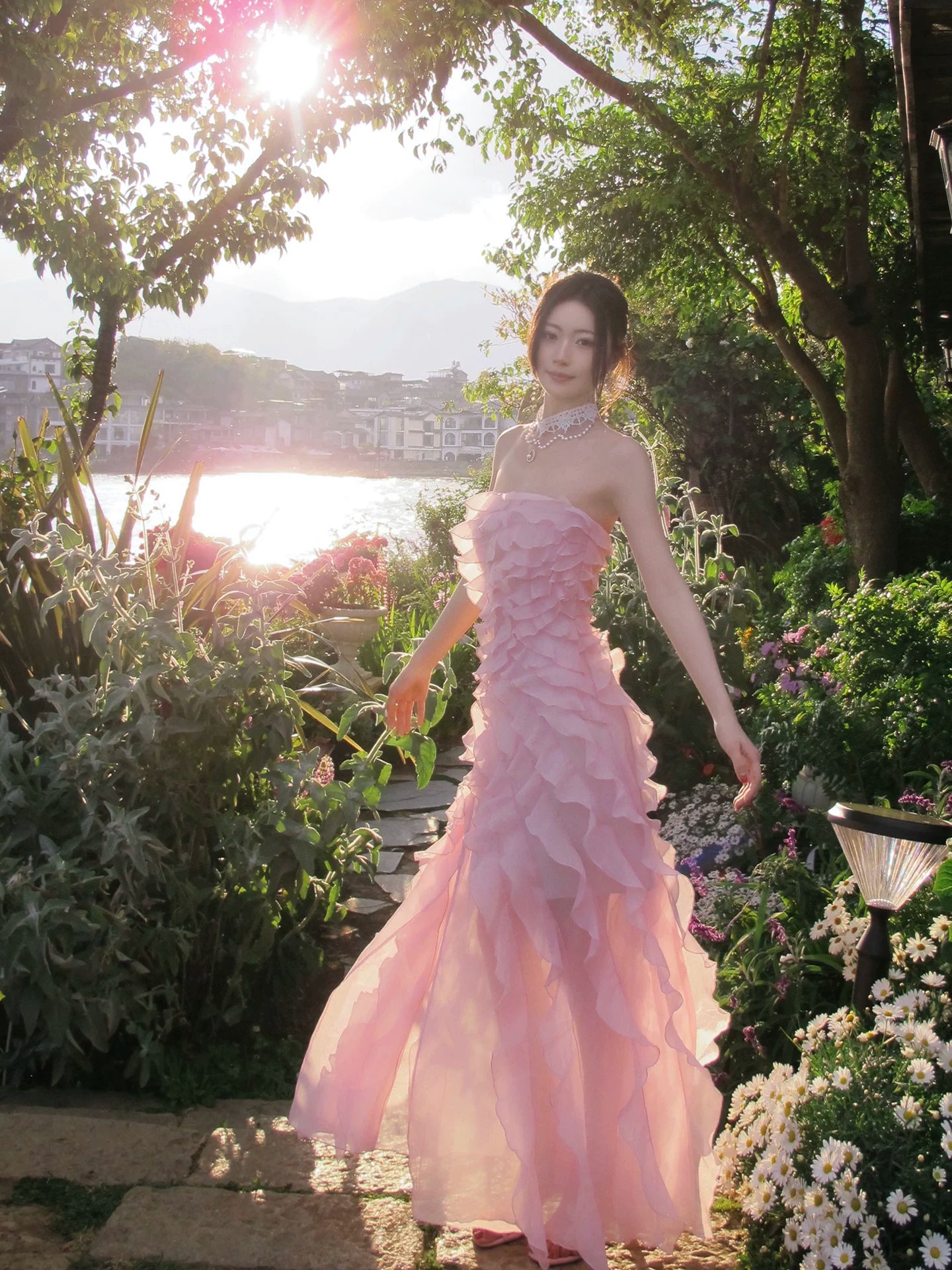 Ruffled Pink A Line Prom Dress Chiffon Wedding Guest Dress  P1277