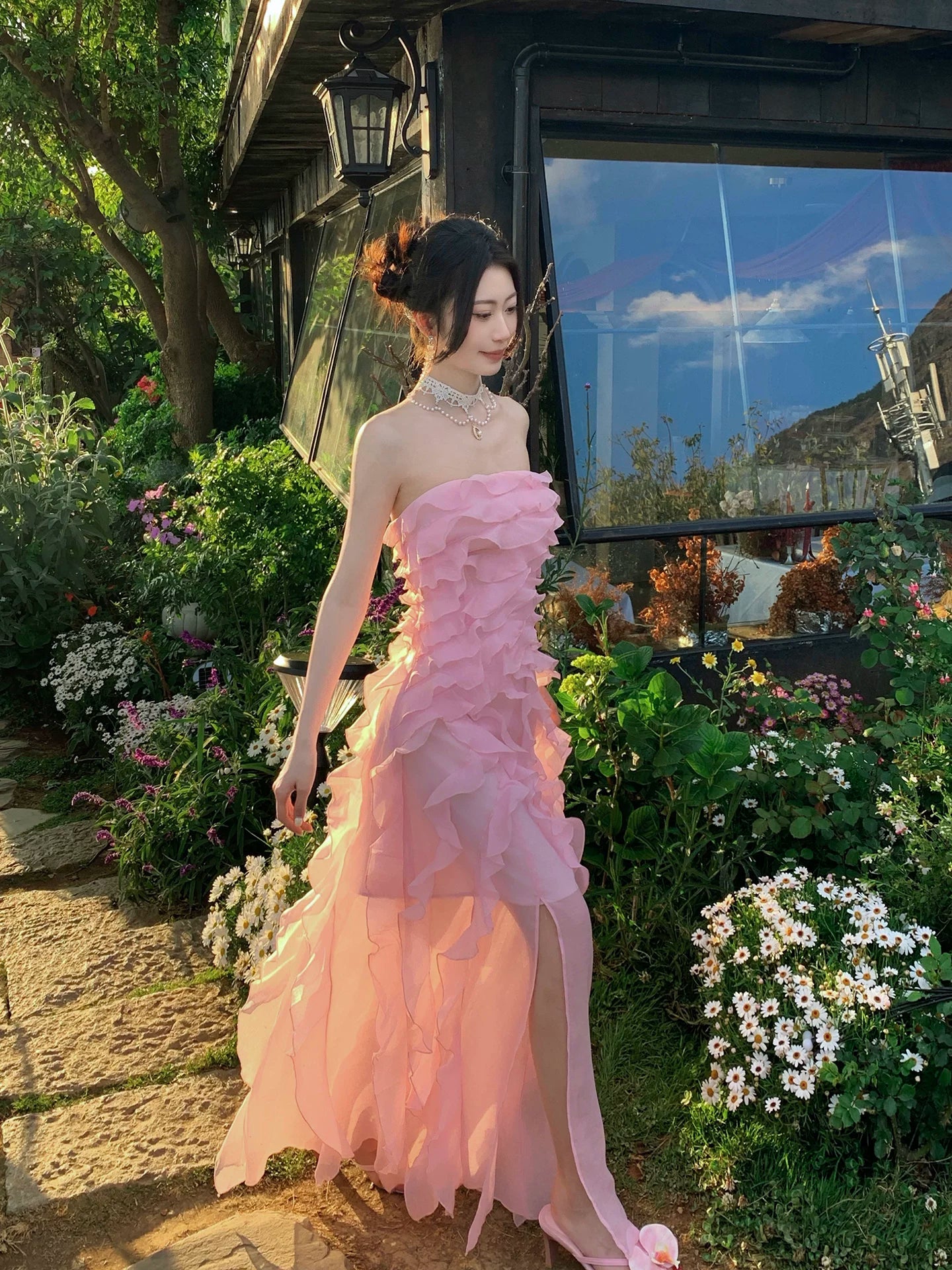 Ruffled Pink A Line Prom Dress Chiffon Wedding Guest Dress  P1277
