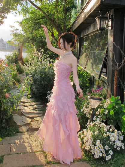 Ruffled Pink A Line Prom Dress Chiffon Wedding Guest Dress  P1277
