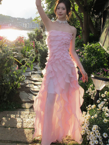 Ruffled Pink A Line Prom Dress Chiffon Wedding Guest Dress  P1277