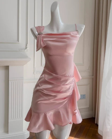 Ruffled Pink Satin Homecoming Dress Sheath Mini Birthday Dress   P2158
