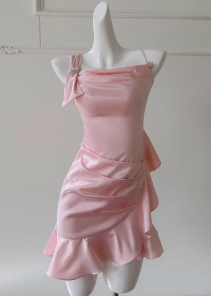 Ruffled Pink Satin Homecoming Dress Sheath Mini Birthday Dress   P2158