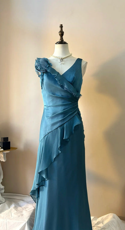 Ruffled Satin Prom Dress Sheath Retro Evening Dress  P1359