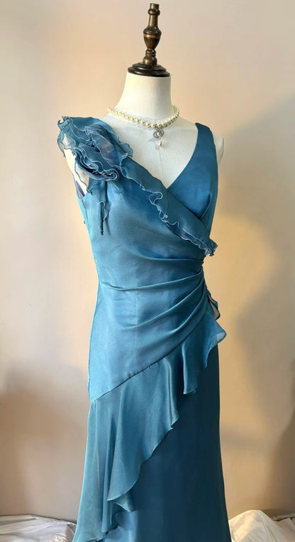 Ruffled Satin Prom Dress Sheath Retro Evening Dress  P1359
