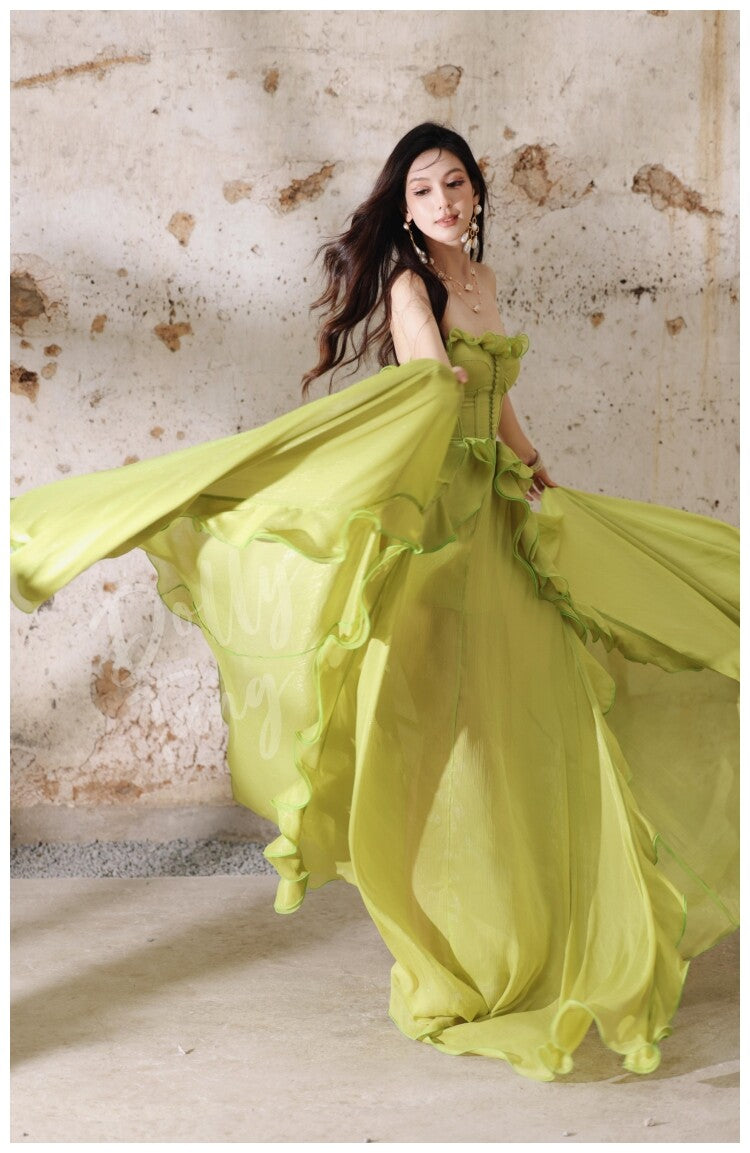 Ruffled Strapless Birthday Dress A Line Chiffon Formal Prom Dress  L82