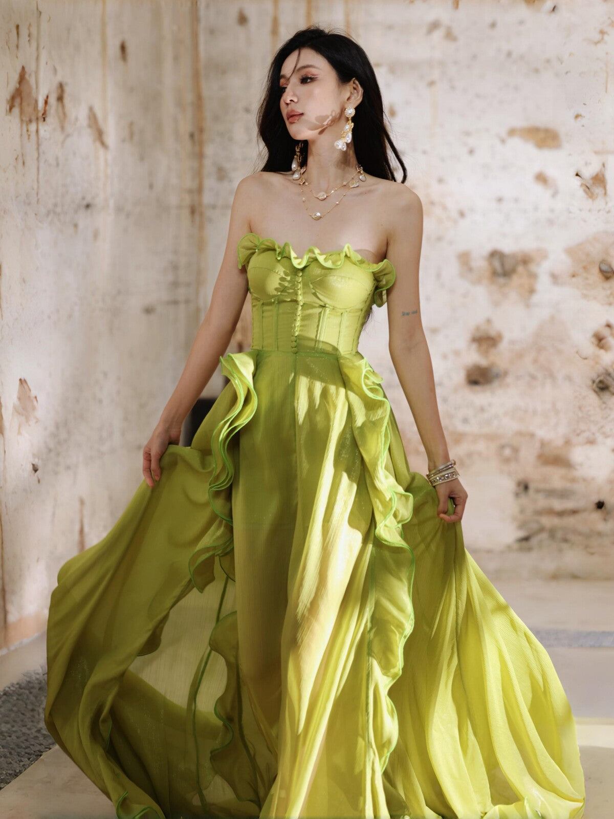Ruffled Strapless Birthday Dress A Line Chiffon Formal Prom Dress  L82