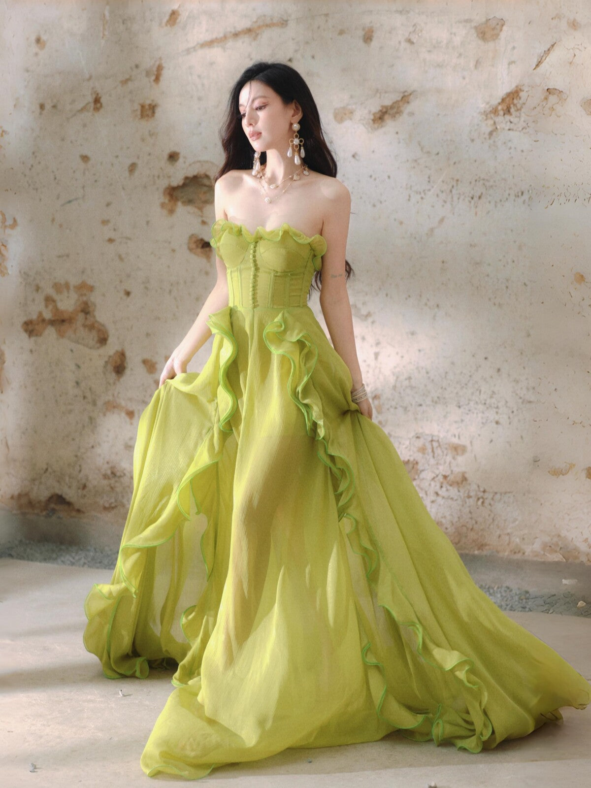 Ruffled Strapless Birthday Dress A Line Chiffon Formal Prom Dress  L82