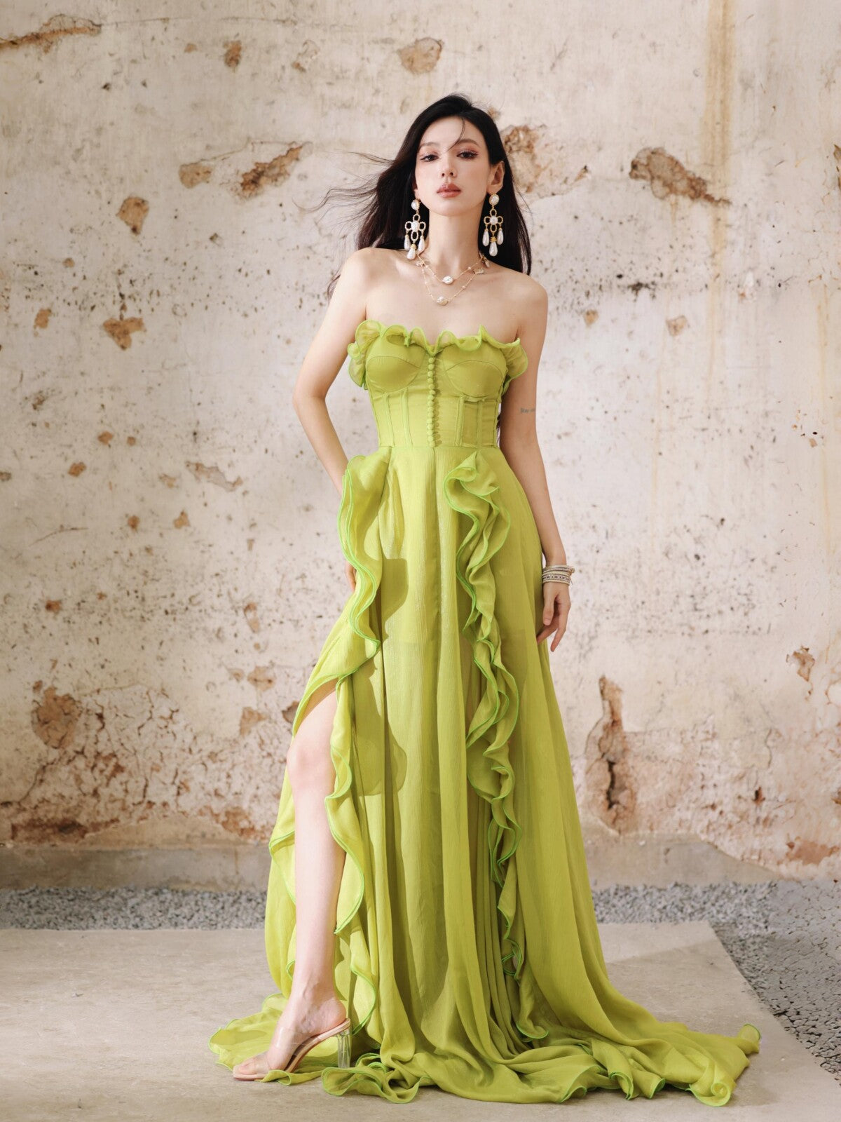 Ruffled Strapless Birthday Dress A Line Chiffon Formal Prom Dress  L82