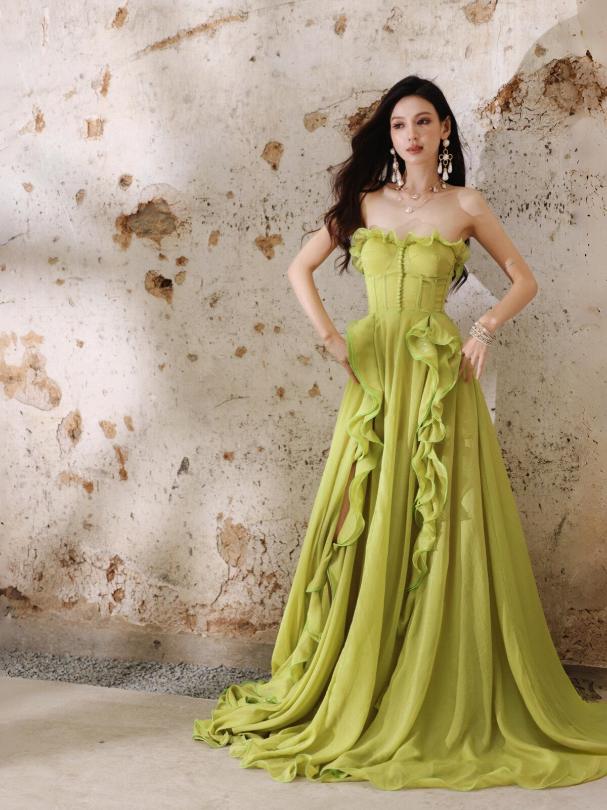 Ruffled Strapless Birthday Dress A Line Chiffon Formal Prom Dress  L82