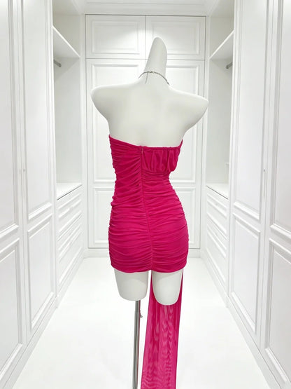 Ruffled Strapless Hot Pink Sheath Homecoming Dress  P2406