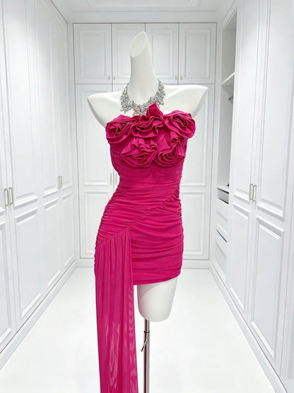 Ruffled Strapless Hot Pink Sheath Homecoming Dress  P2406
