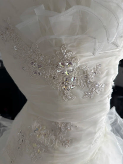 Ruffled Strapless White Birthday Dress Layered Wedding Dress  P2673