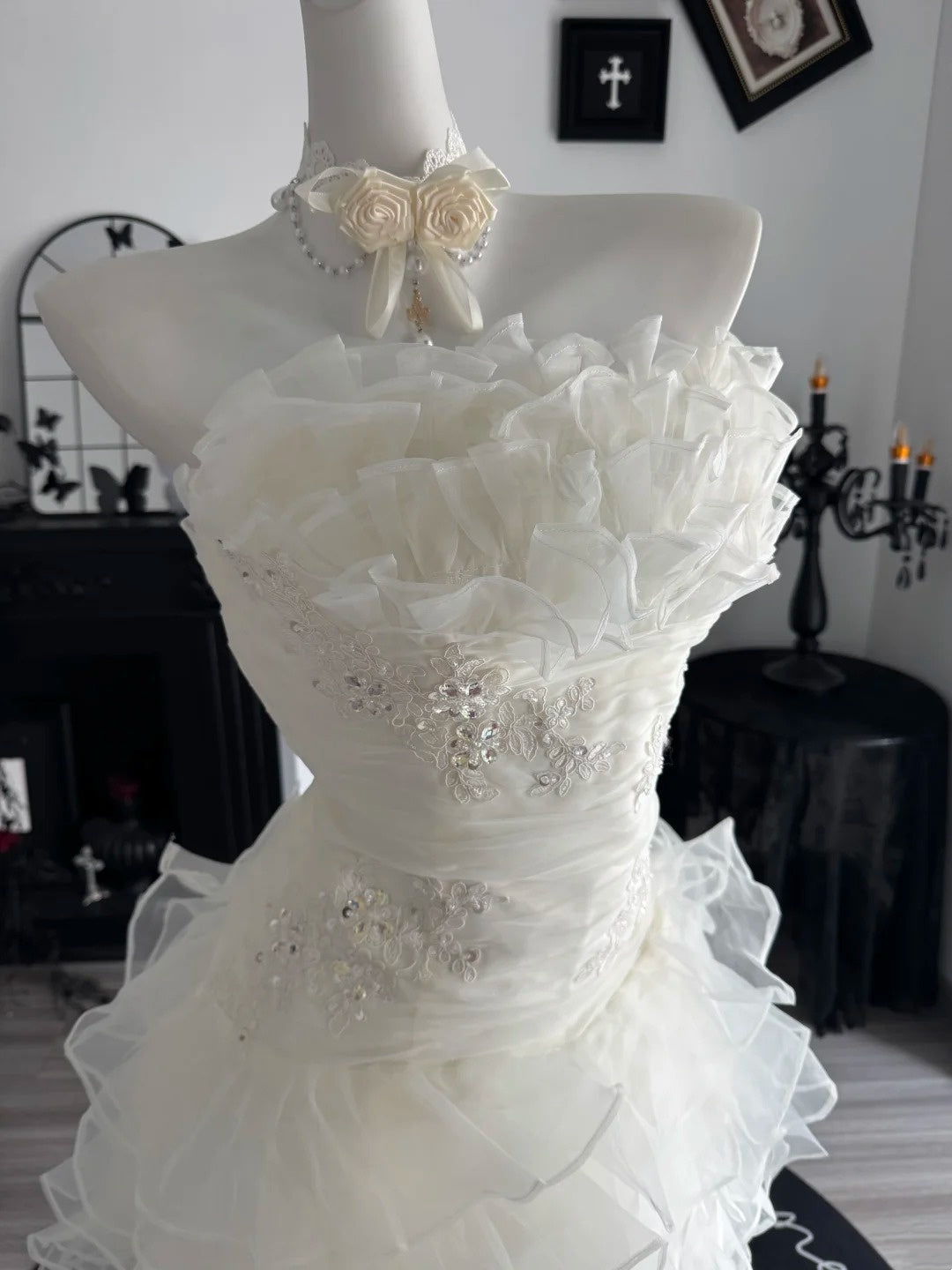Ruffled Strapless White Birthday Dress Layered Wedding Dress  P2673