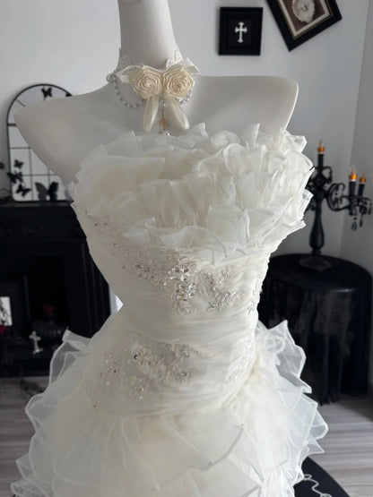 Ruffled Strapless White Birthday Dress Layered Wedding Dress  P2673