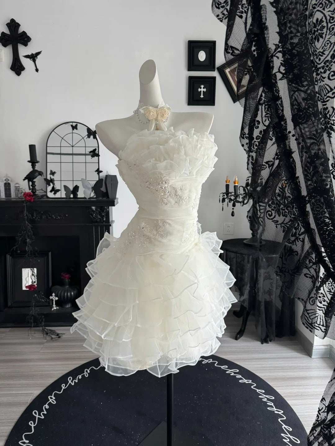 Ruffled Strapless White Birthday Dress Layered Wedding Dress  P2673