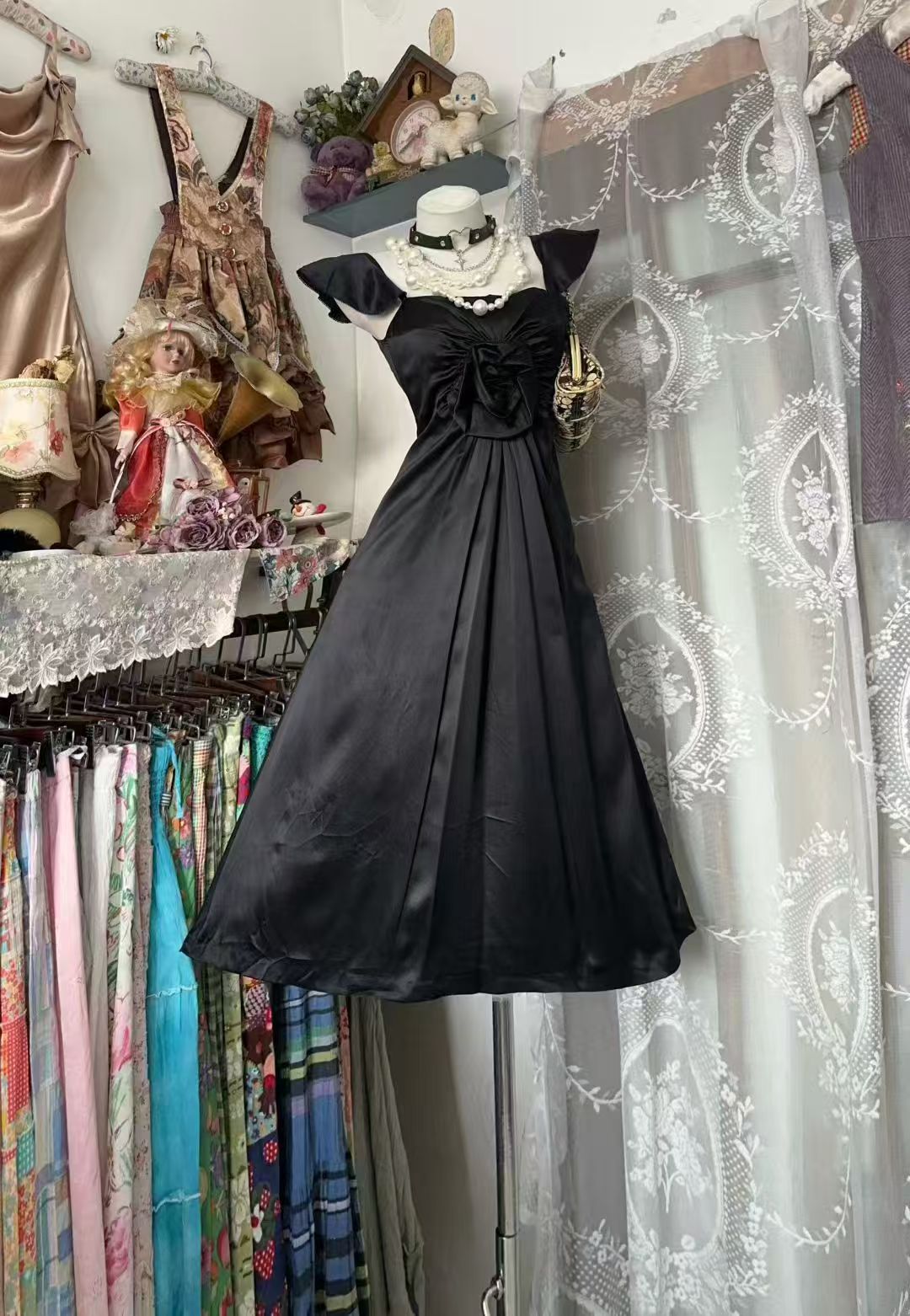 Ruffled Straps A Line Black Satin Homecoming Dress Short Birthday Dress   P2072