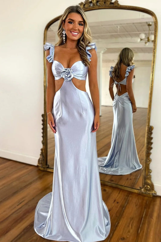 Ruffled Straps Mermaid Satin Prom Dress Backless Evening Dress  P955