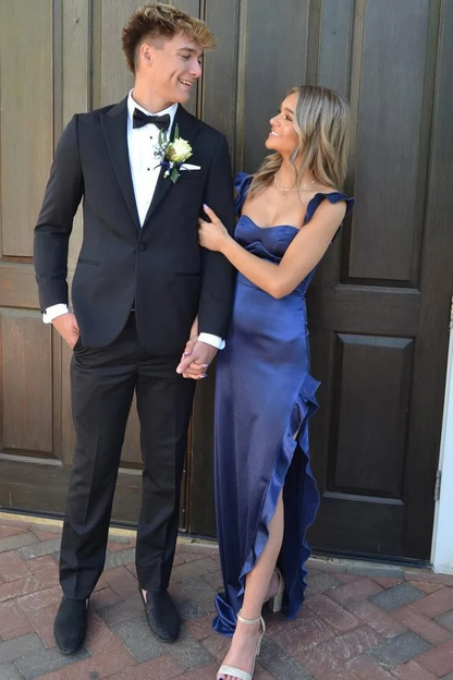 Ruffled Straps Navy Blue Satin Long Prom Dress With Side Slit  P868