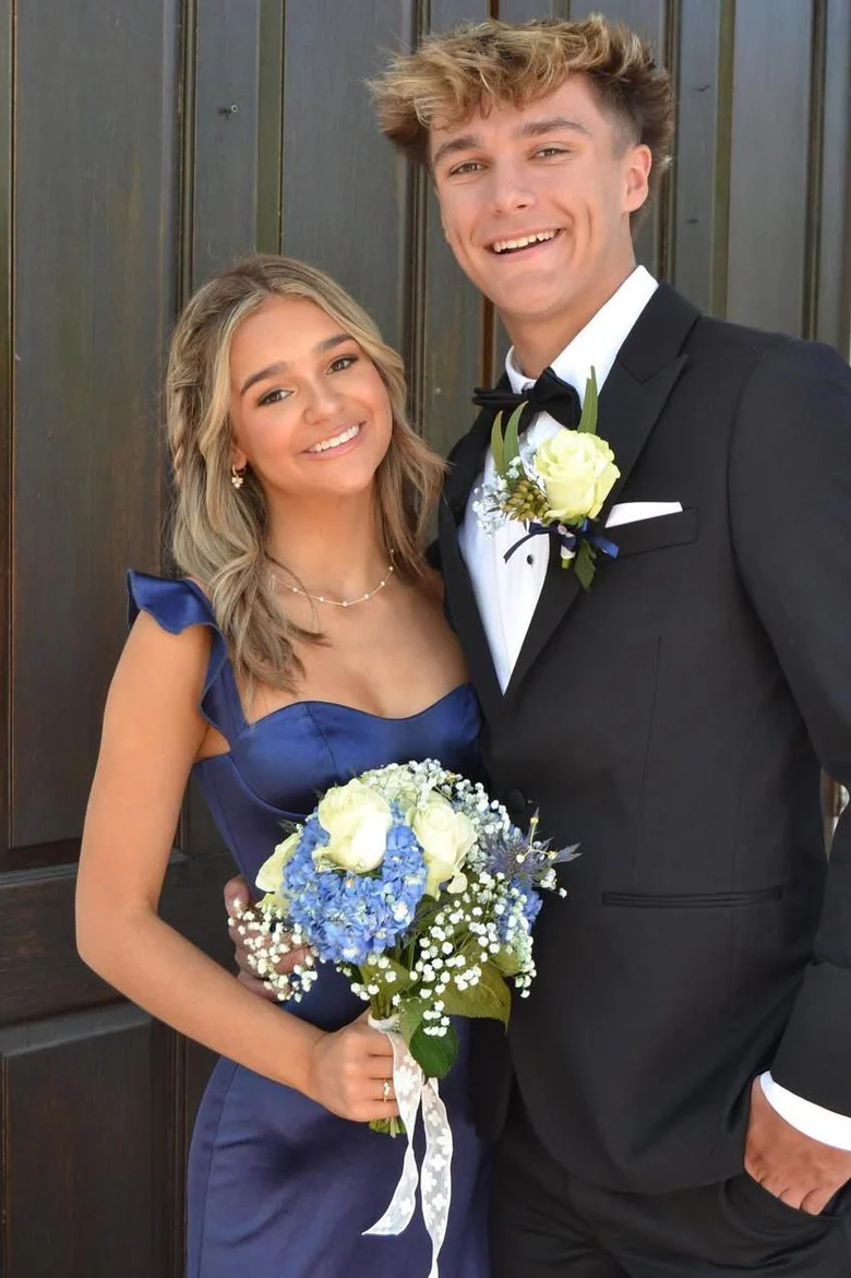 Ruffled Straps Navy Blue Satin Long Prom Dress With Side Slit  P868