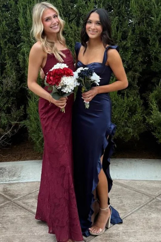 Ruffled Straps Navy Blue Satin Long Prom Dress With Side Slit  P868
