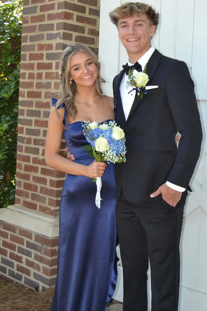 Ruffled Straps Navy Blue Satin Long Prom Dress With Side Slit  P868